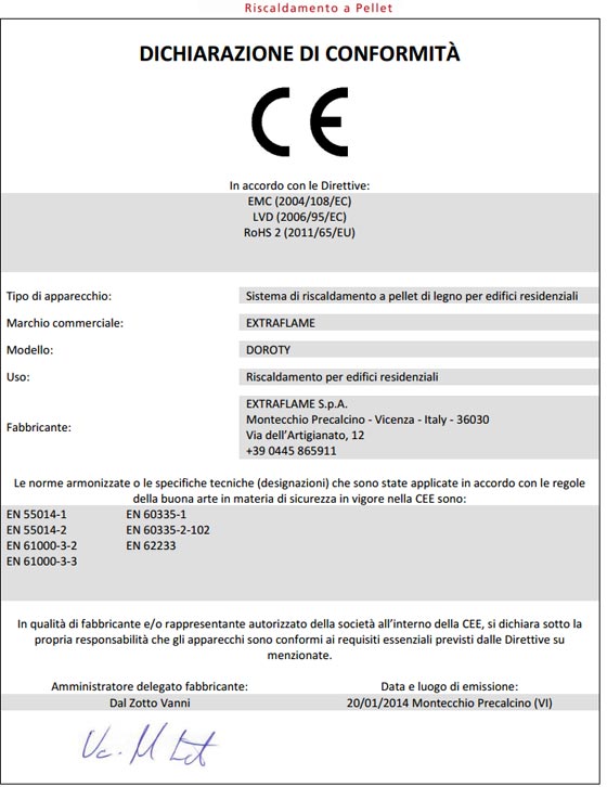 certificato delle Stufe a Pellet Doroty ...