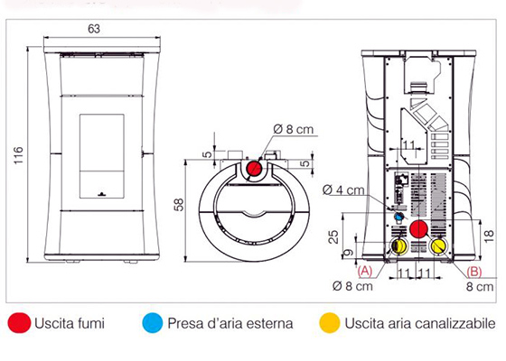Stufe a Pellet CHERIE 11 EVO Ceramica dimensioni tecniche ...
