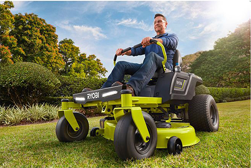 Trattorino rasaerba Rider Ryobi ZTR480EX a batteria funzionamento taglio erba ...