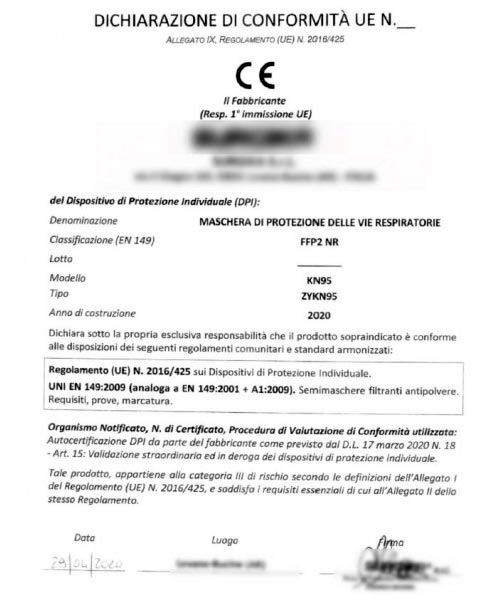 mascherine FFP2 KN95 dichiarazioni ...